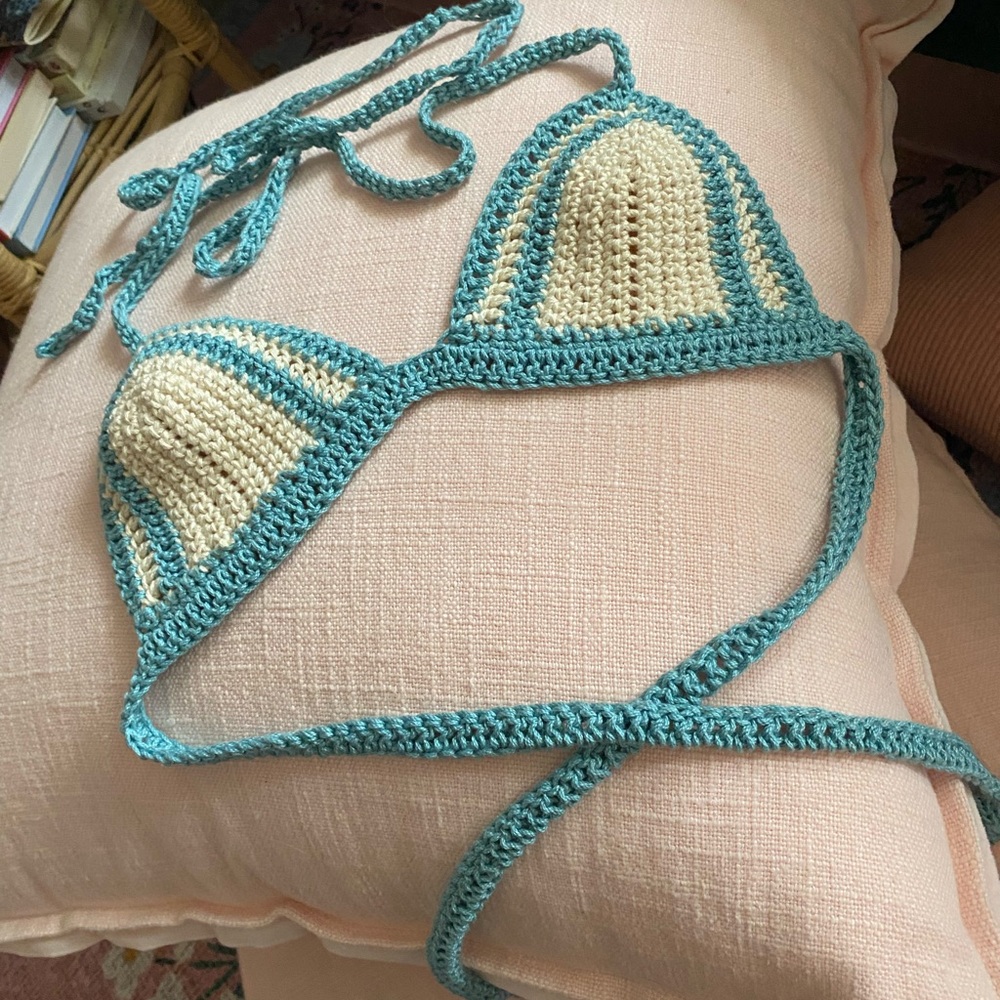 Robbins Nest Blue Handmade Crochet Bikini Top - Women’s Swim - Picture 2 of 4